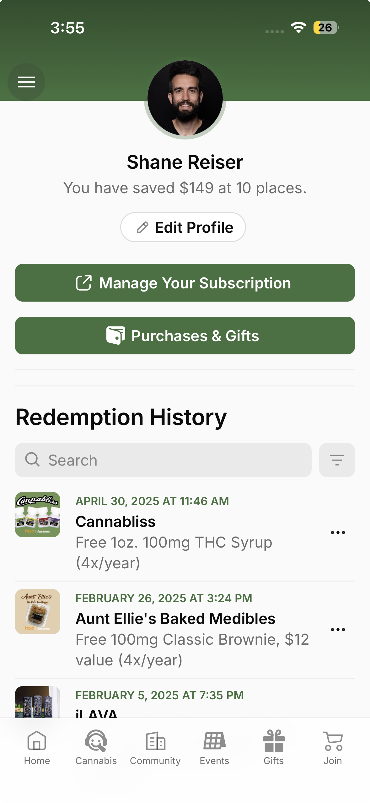 The Doobie app profile screen showing membership status and redemption history.